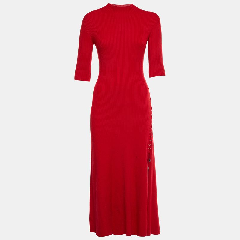 Maje Red Rib Knit Lace Detail Midi Dress Xs